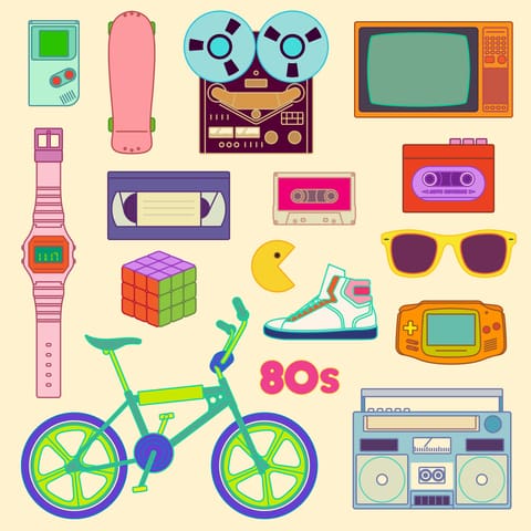 80s home decor collage showing various popular items from the 1980s