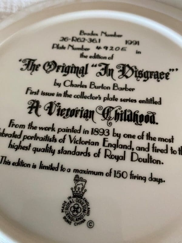 Royal Doulton decorative plates "In Disgrace"' by Charles Burton Barber close backside