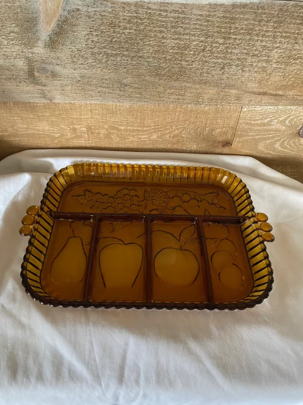 amber glass tray embossed with fruit and double handled