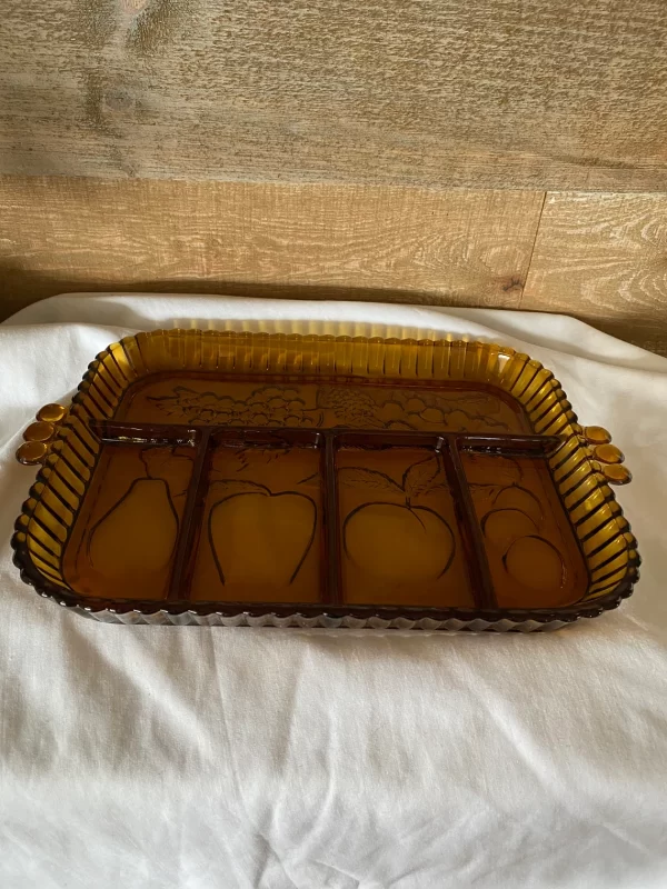 amber glass tray divided with handles