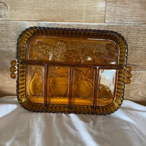 amber glass tray on side to show off embossed fruit