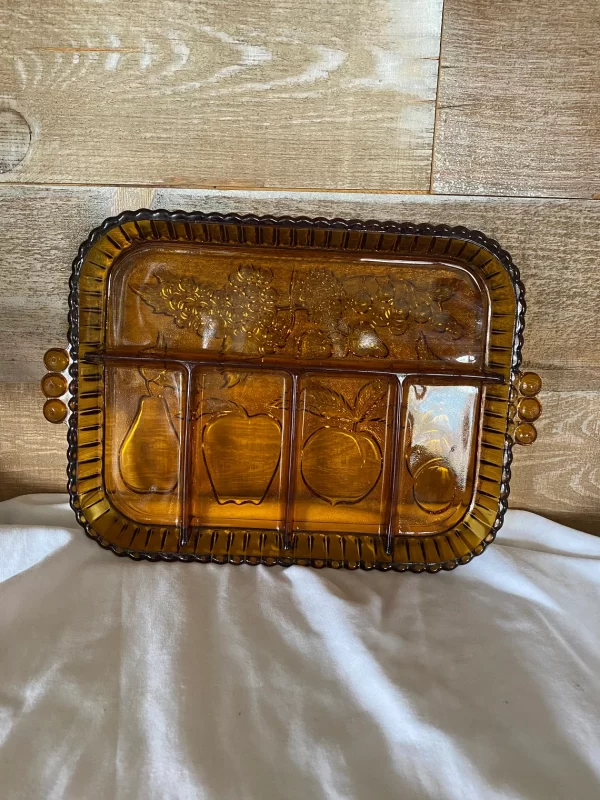 amber glass tray on side to show off embossed fruit