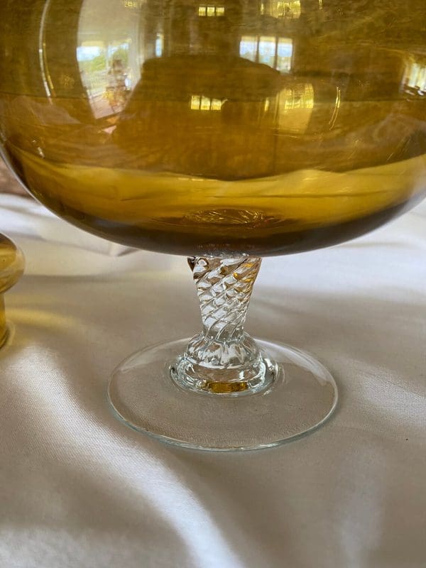 vintage amber glass candy dish with lid twisted stem