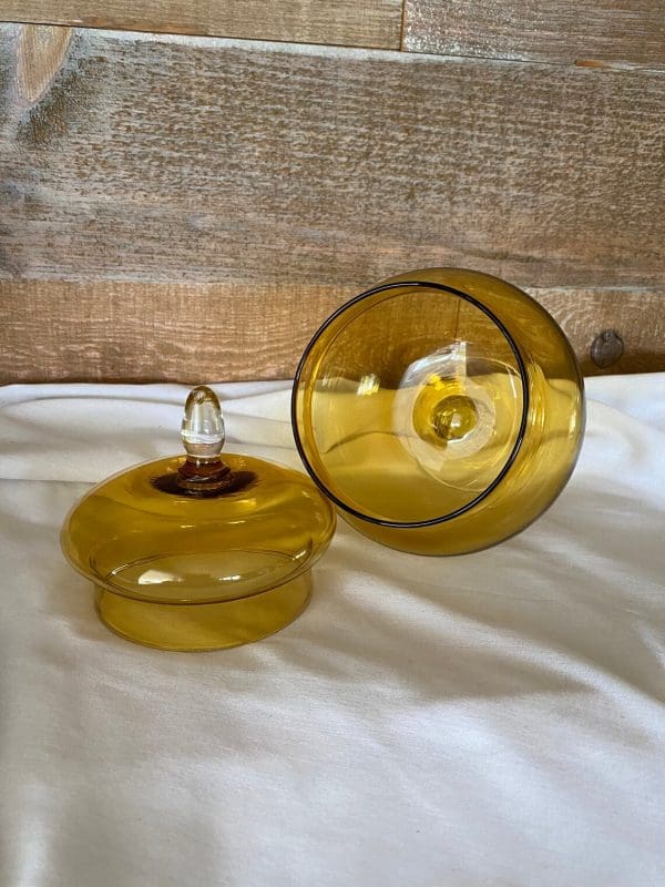 vintage amber glass candy dish with lid on side cover off