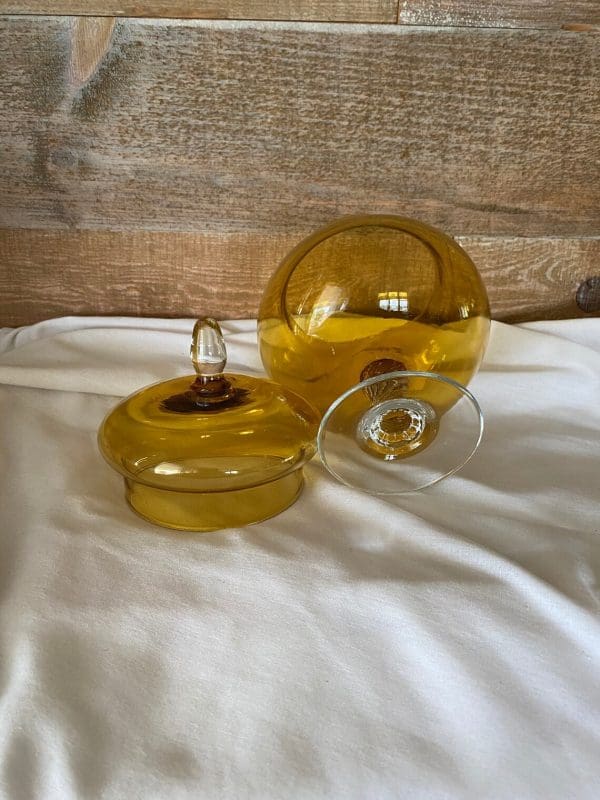 vintage amber glass candy dish with lid bottom