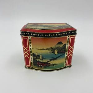 Japanese tea tin with lid front water scene with boats and bridge