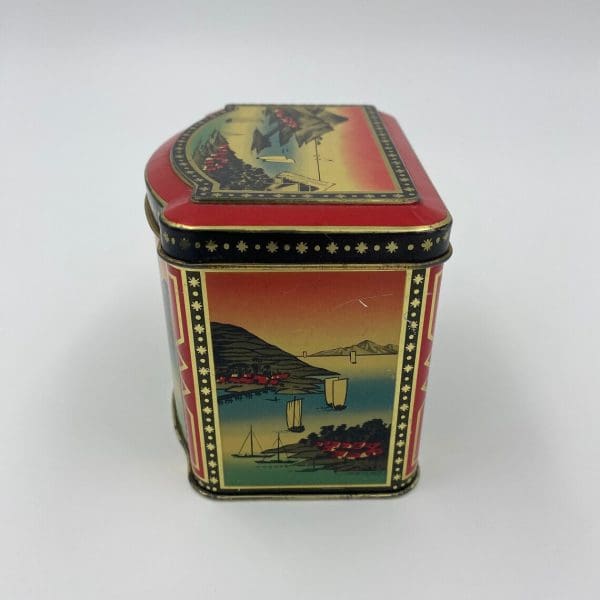 Japanese tea tin side with matching scene