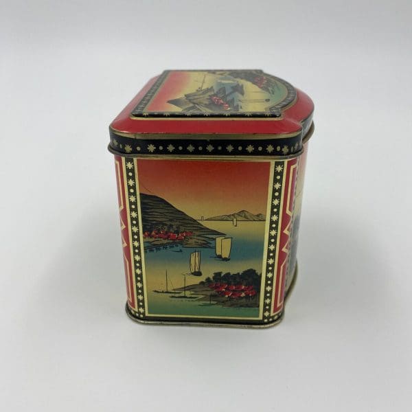 Japanese tea tin right side showing matching water scene