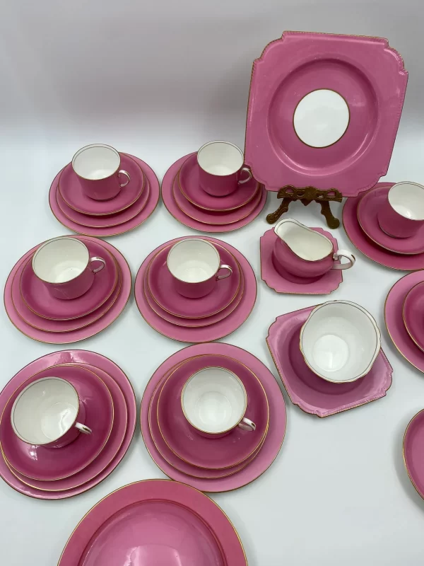 Aynsley Lunch Service for Six pink vintage tea set. tea cups with saucers, small plates, creamer, sugar dish, sweet server with dome cover, sandwich tray