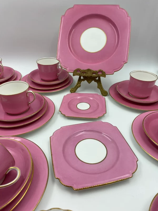 pink vintage tea set Aynsley Lunch Service for Six three square shaped plated in the large set