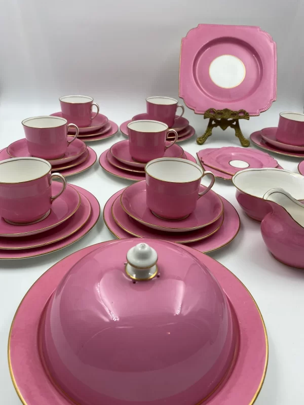 pink vintage tea set Aynsley Lunch Service for Six close of domed sweet tray