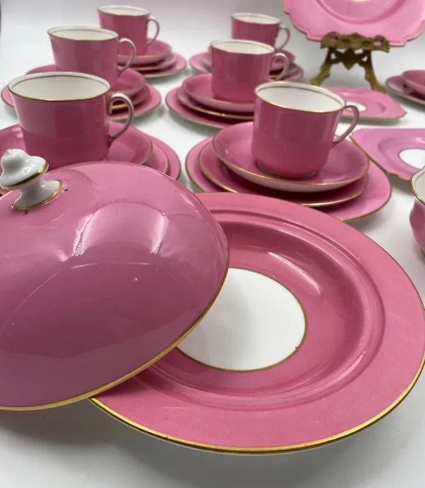 pink vintage tea set Aynsley Lunch Service for Six inside of covered dish