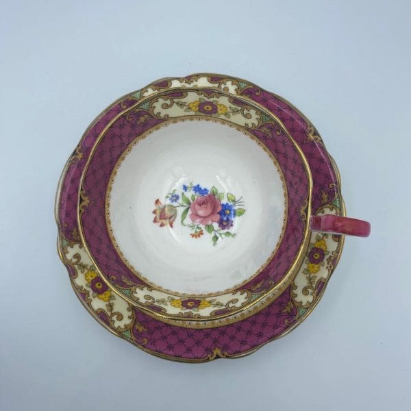 Aynsley China England Deep Pink and Black Lattice Floral Bouquets Gold Trim top view