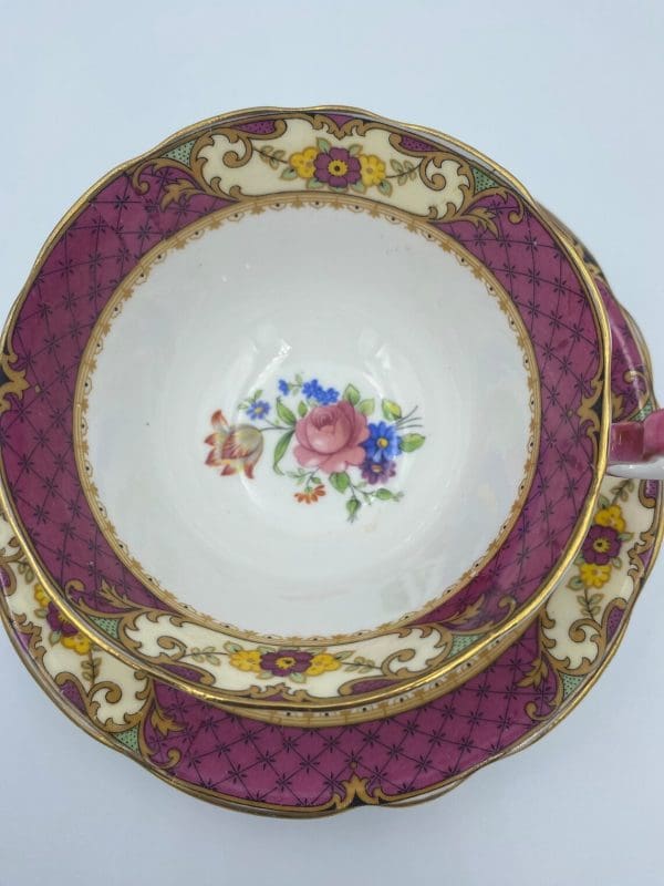 Aynsley China England Deep Pink and Black Lattice Floral Bouquets Gold Trim close top view