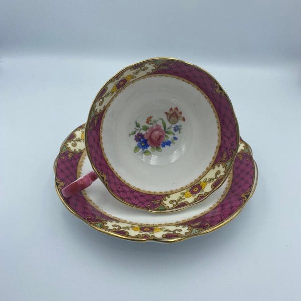 Aynsley China England Deep Pink and Black Lattice Floral Bouquets Gold Trim on side