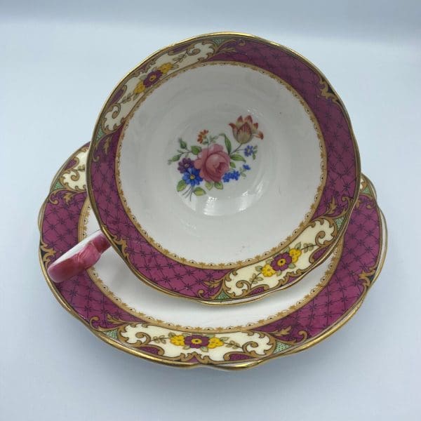 Aynsley China England Deep Pink and Black Lattice Floral Bouquets Gold Trim close inside of tea cup