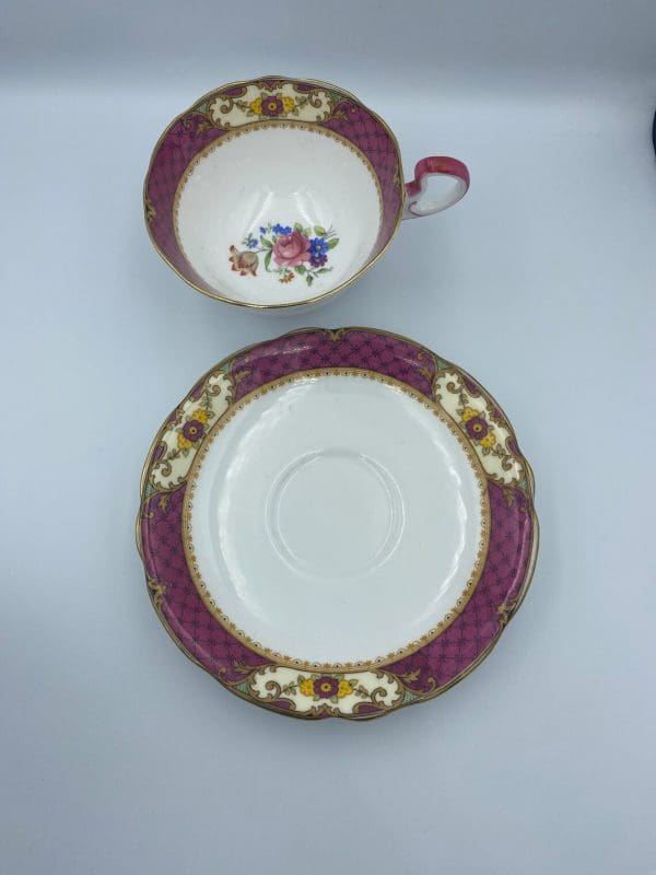 Aynsley China England Deep Pink and Black Lattice Floral Bouquets Gold Trim saucer and teacup separate