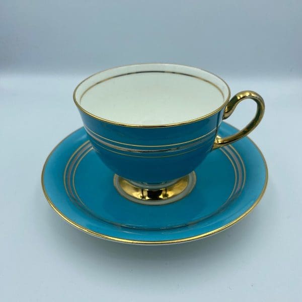 Aynsley England bone china Turquoise Blue Tea Cup and Saucer Set with gold trim