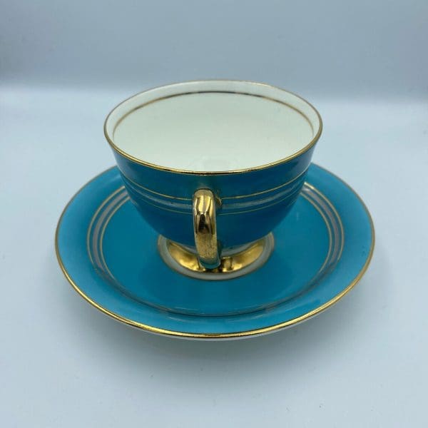 Aynsley England bone china Turquoise Blue Tea Cup and Saucer Set handle