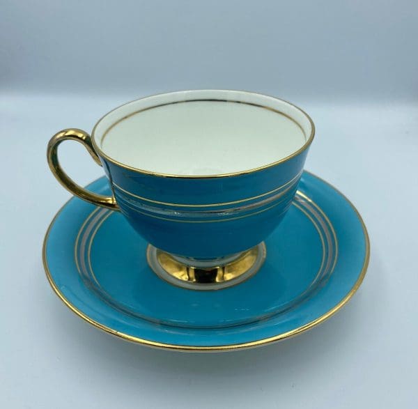 Aynsley England bone china Turquoise Blue Tea Cup and Saucer Set side view