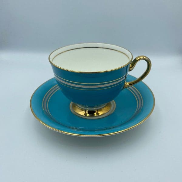 Aynsley England bone china Turquoise Blue Tea Cup and Saucer Set gold and silver highlights