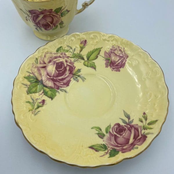 Aynsley cabbage rose tea cup and saucer yellow with pink rose