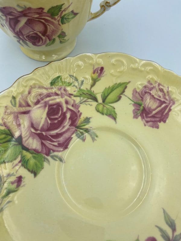 Aynsley cabbage rose teacup and saucer set embossed edge