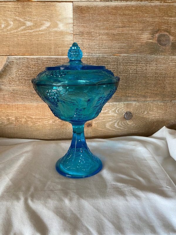 vintage blue glass candy dish with lid embossed grape design front