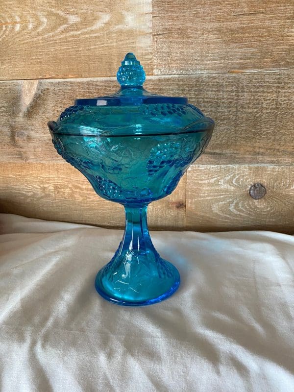 vintage blue glass candy dish with lid grape design