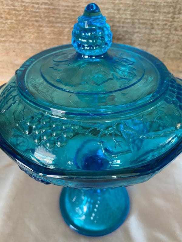 vintage blue glass candy dish with lid top view with cover on