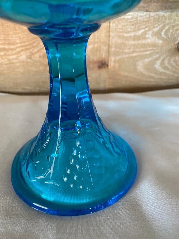 vintage blue glass candy dish with lid close pedestal base