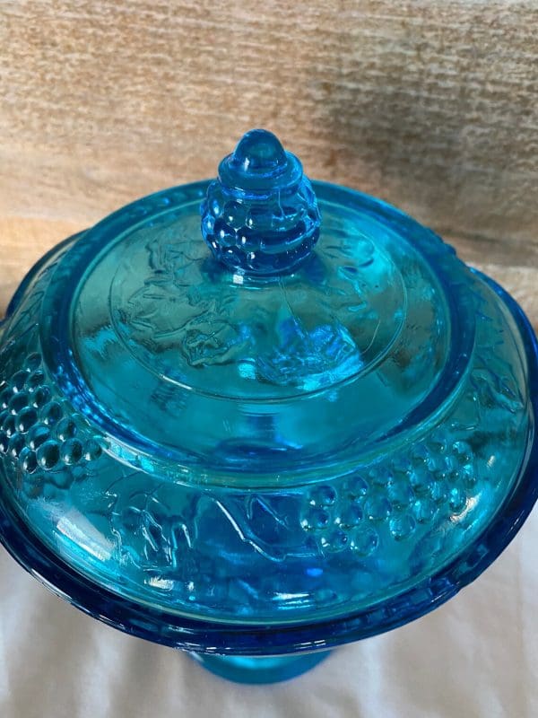 vintage blue glass candy dish with lid close lid