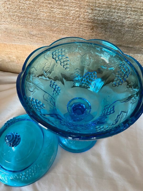 vintage blue glass candy dish with lid top view cover off