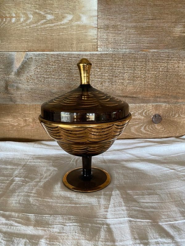 amber candy dish with lid gold applied design