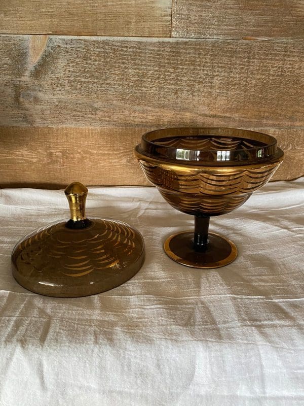 amber candy dish with lid showing both separate