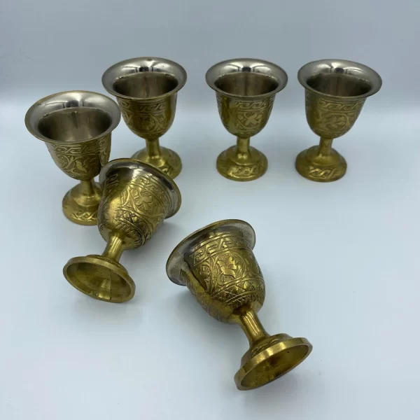 brass shot glasses set of six engraved with leaf scroll design