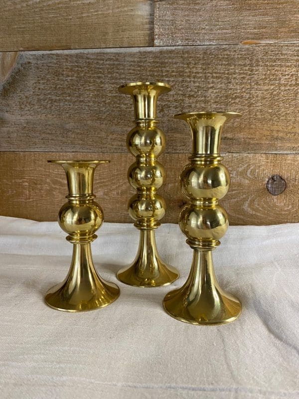 vintage brass candle holder set of three with ball type pillars