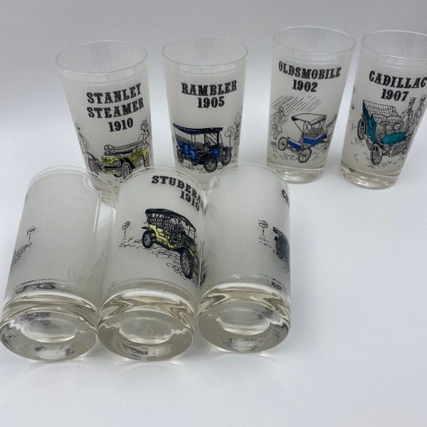 antique car drinking glasses set of seven frosted glass