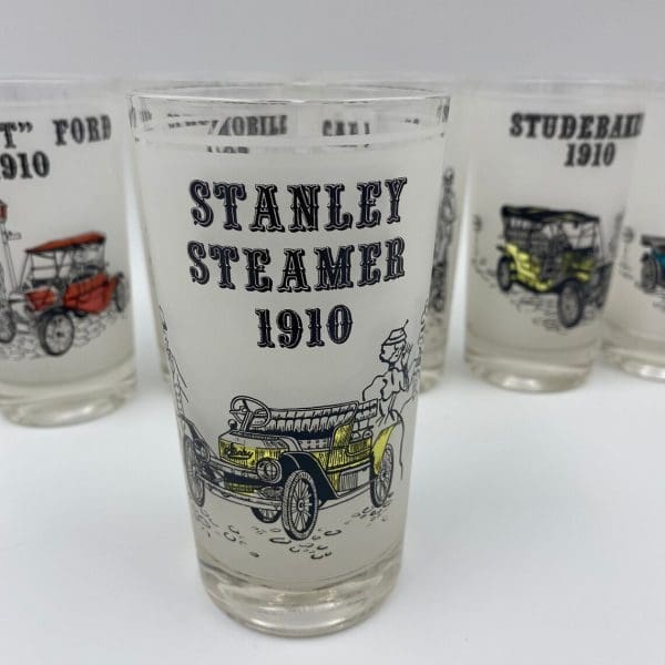 antique car drinking glasses front Stanley Steamer 1910