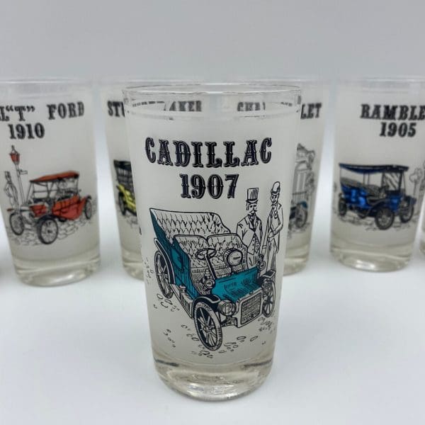 antique car drinking glasses front Cadillac 1907