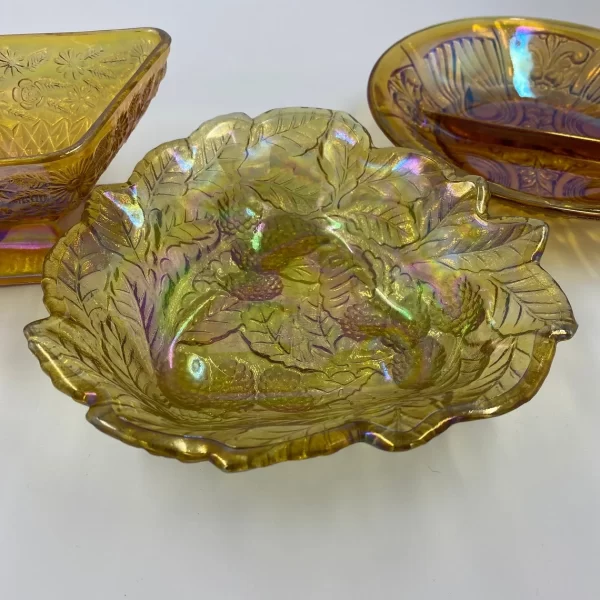 marigold carnival glass close of blackberry dish