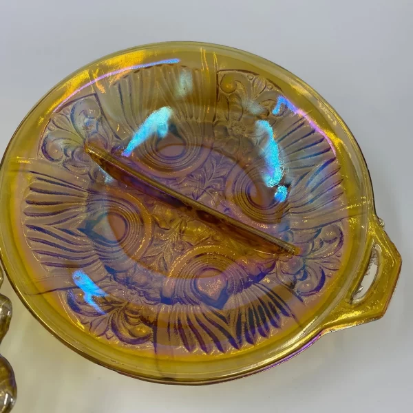 marigold carnival glass close of divided dish