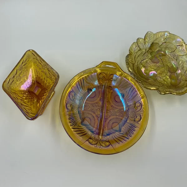 marigold carnival glass top view of set