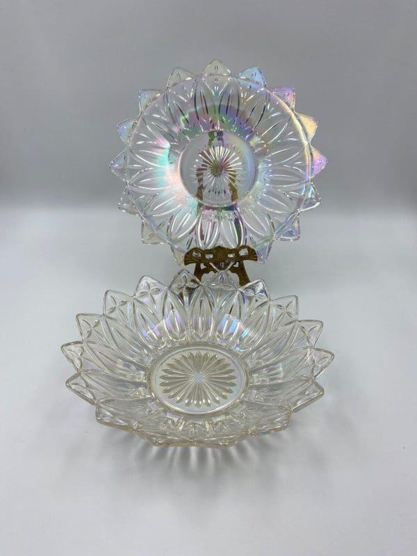 iridescent carnival glass serving tray on stand and bowl in front