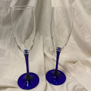 vintage champagne flutes with blue stems pair