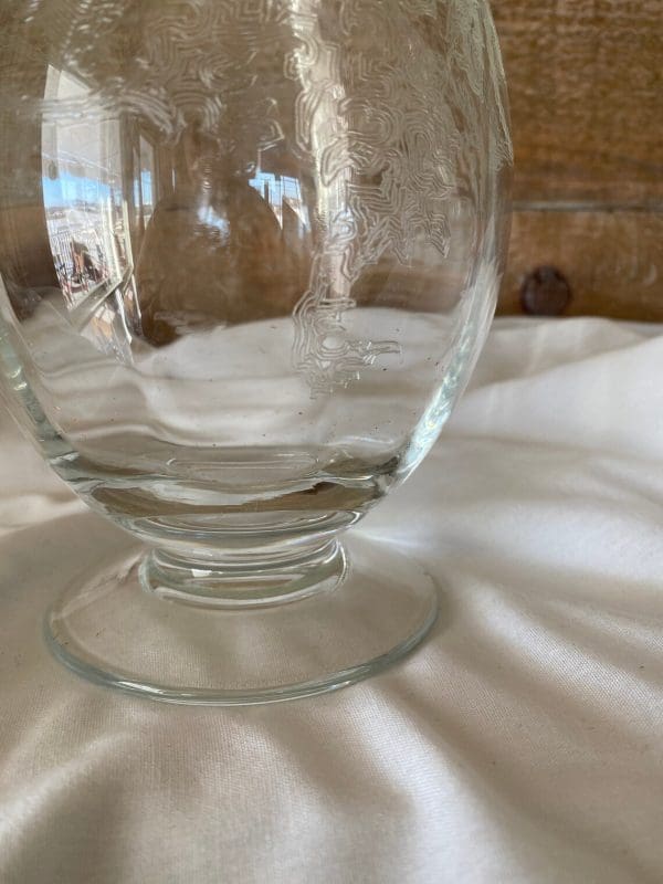 etched glass decanter with stopper pedestal base