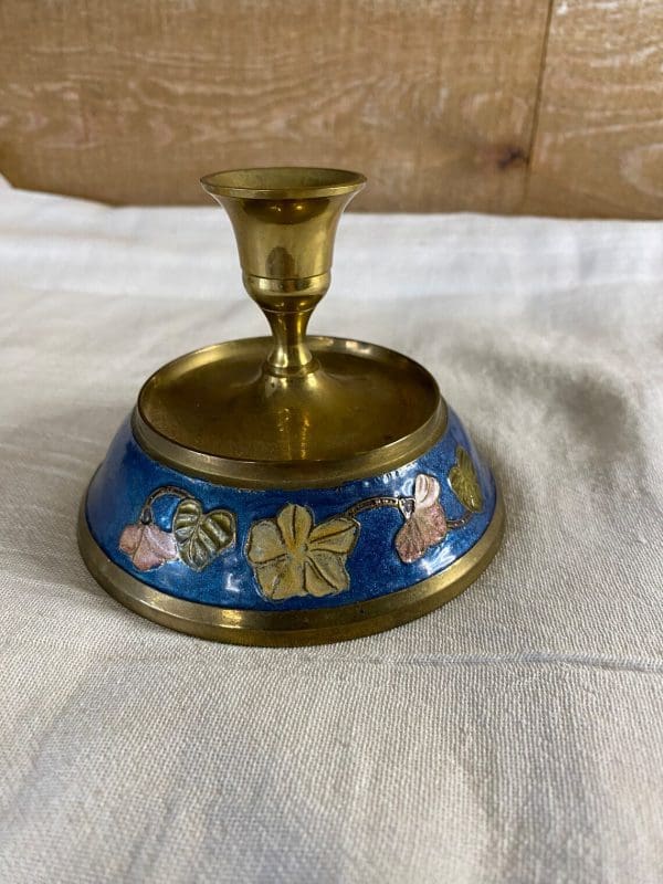 cloisonné candle holder blue enamel with pink and cream flowers