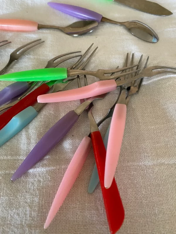 Hors d oeuvre forks Multicolor Plastic Handles Stainless Fork Vintage Set of Fifteen Little Forks close