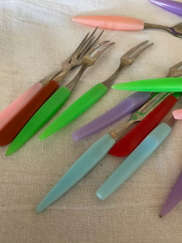 Hors d oeuvre forks Multicolor Plastic Handles Stainless Fork Vintage Set of Fifteen Little Forks red green pink, blue red