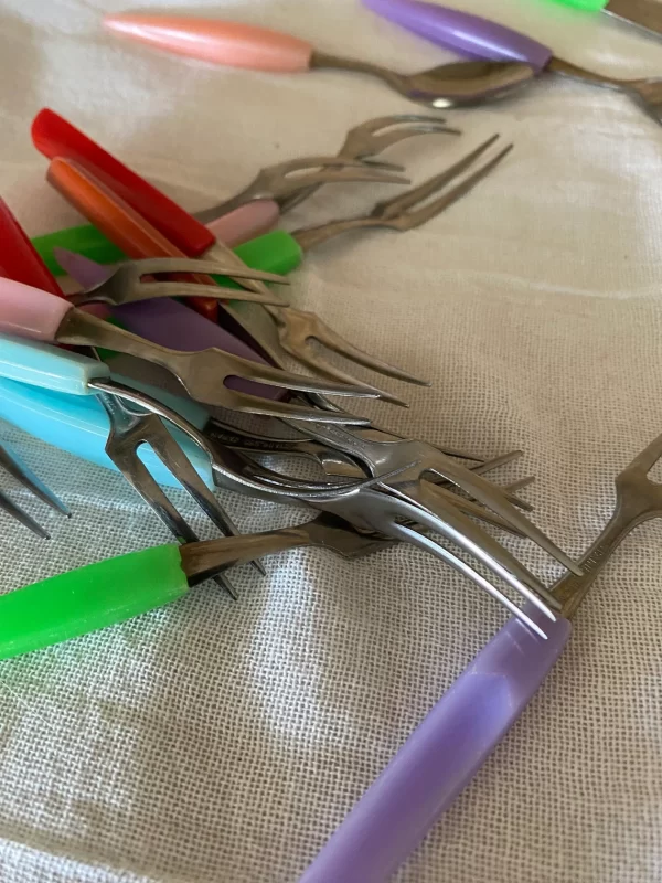 Hors d oeuvre forks Multicolor Plastic Handles Stainless Fork Vintage Set of Fifteen Little Forks purple green blue red pink handles